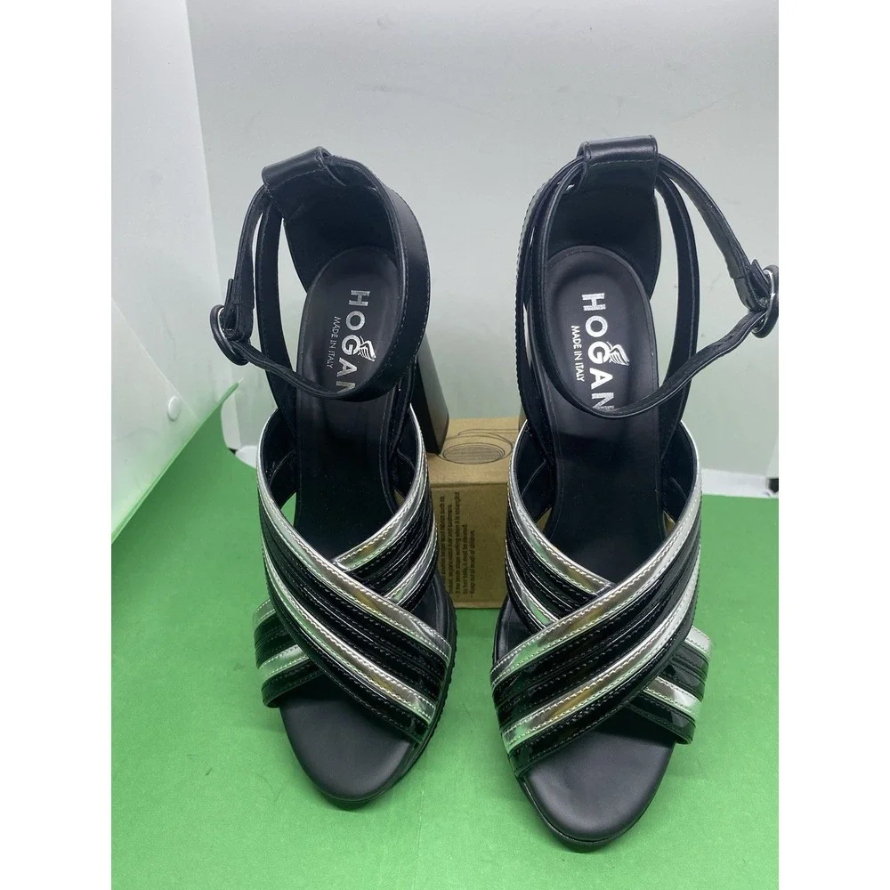 Hogan Black/white Leather Ankle Strap Sandal Heels w/ 1